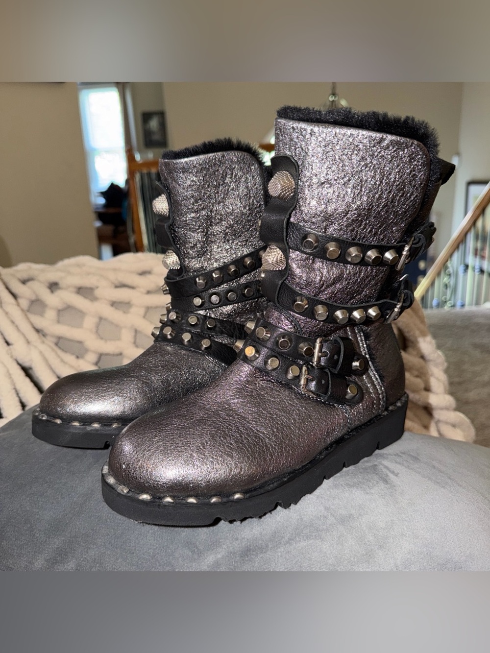 Mimmu Metallic Gunmetal Leather Studded Boots Made Italy